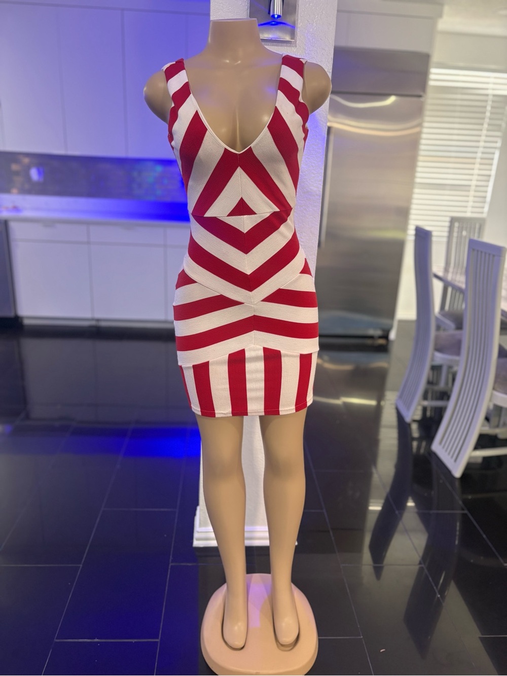 Red & White Geometric V-Neck Mini Dress